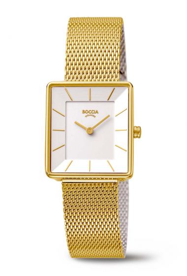 Boccia Titanium Damenuhr 3351-06 Rechteckig Weiß Gelbgoldfarben Milanaise-Uhrband