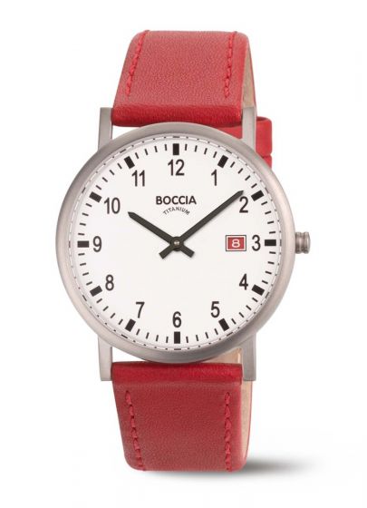 Boccia Titanium 3662-02 Titan Armbanduhr Ø37mm weißes Zifferblatt / rotes Lederband