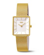 Boccia Titanium Damenuhr 3351-06 Rechteckig Weiß Gelbgoldfarben Milanaise-Uhrband