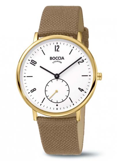 Boccia Titanium 3350-04 Damenuhr gelbgoldfarben mit khakifarbenem Uhrband