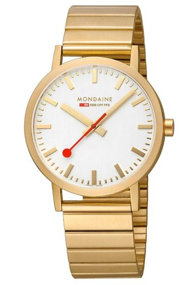 Original Schweizer Bahnhofsuhr Mondaine A660.30360.16SBM Ø40mm Gelbgoldplattiert/satin-mattiert